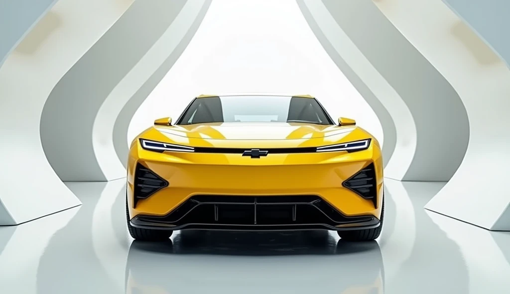 A captivating image of a ( 2025 Chevrolet Bel Air Pickup ) taking center stage in a luxurious white showroom. The futuristic, vibrant (yellow)exterior gleams, showcasing its sleek, aerodynamic design and bold accents. The front view highlights the cutting-...