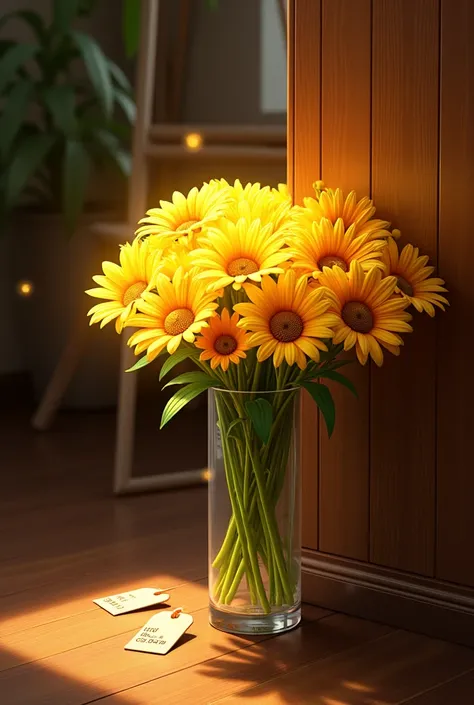 Bouquet of golden daisies flowers in a glass vase stands in a dark room on the floor under a wooden wall and prices from a bouquet