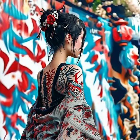 masterpiece, top quality,  top quality,  Official Art ,  beautiful and sophisticated:1.2), 1 girl, tattoo, Alone, Japanese clothing, Red and black kimono,  hair ornament, unsheathing,  black hair, sheath, back tattoo, dragon tattoo,  blue eyes,  off should...