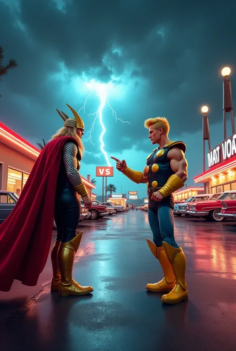 "In a vibrant 1950s-style diner parking lot, Thor strides forward, Mjolnir glowing brightly as the storm clouds above swirl ominously. His golden armor shines as onlookers in classic cars scatter in awe. Opposite him, Johnny Bravo flexes dramatically, his ...