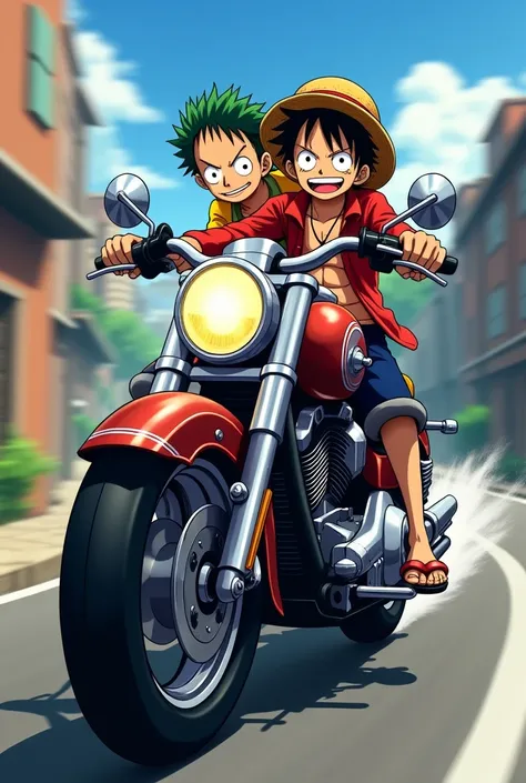 Photo of zoro riding motorcycle with luffy