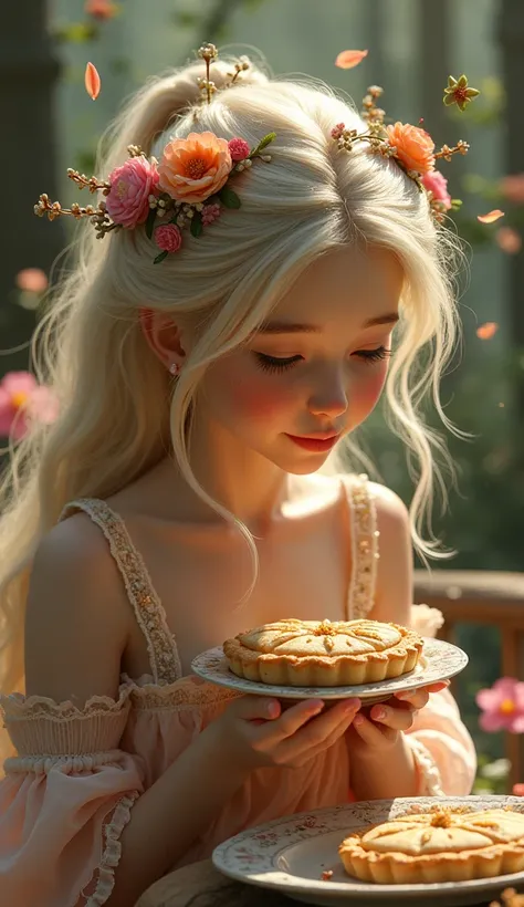 Enchanted  flower princess savoring holiday pie."