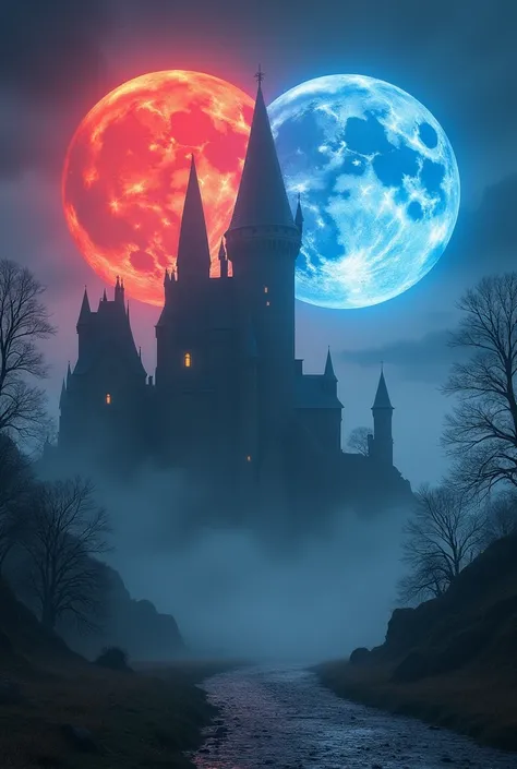  a red and blue moon illuminating ,  mystic ,  creates an ethereal atmosphere . In the background,  A majestic ancient castle shrouded in mystery can be seen .  The overall mood is mesmerizing and surreal ,  highlights the ohrhic beauty of two moons and mi...