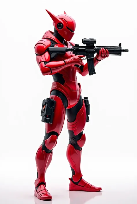 Create for me images of futuristic ninja armor with the predominant colors matte red with a futuristic machine gun in the hand with a white background 