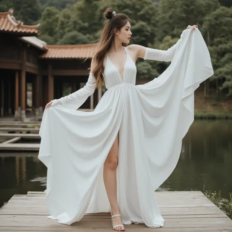 a woman in a white dress standing on a wooden platform, an album cover inspired by Cui Bai, instagram, art nouveau, white hanfu, long flowing white robe, wearing a white flowing dress, in a long white dress, long beautiful flowing kimono, cottagecore!! fit...