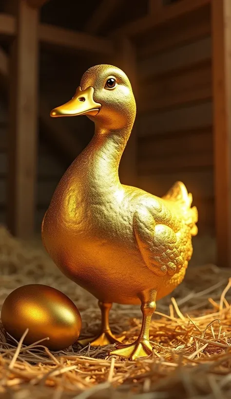 "Create an image of a realistic duck made entirely of polished gold, standing in a rustic barn setting. The ducks golden surface should be reflective and shiny, capturing the light to create a radiant, metallic glow. Surround the duck with golden elements,...