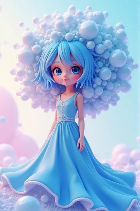  An 3d anime woman with bubbles like hair in powerpuff girls.. wearing blue dress