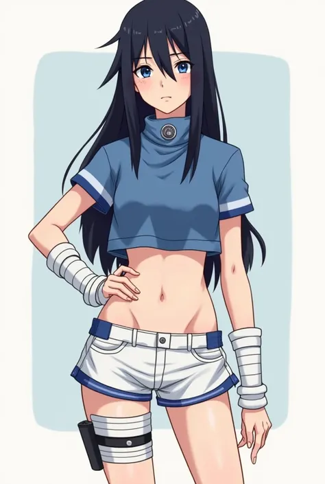  Sasuke Uchiha female with long black slightly pointed hair,  she wore white shorts and a blue shirt that left her belly exposed and had a circular high collar . A stupid boys body, she also had these white bracelets with a blue lining ,  had a ninja bag o...