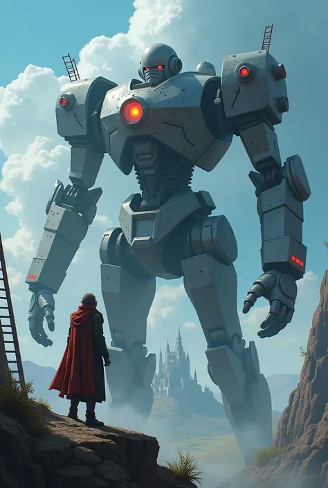 (( to protect the castle、Robot arms are wings 、( Robot arms have starry irish wings)An old robot soldier who only has one eye ))、 there is a huge unfinished metal robot、 robot standing on a cliff 、Its the first 、 surrounded by construction ladders 、 in the...