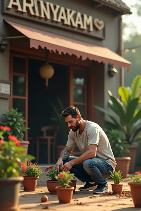 Messi planting small flowering plants on a pot infront of a plane shop named aranyakam  