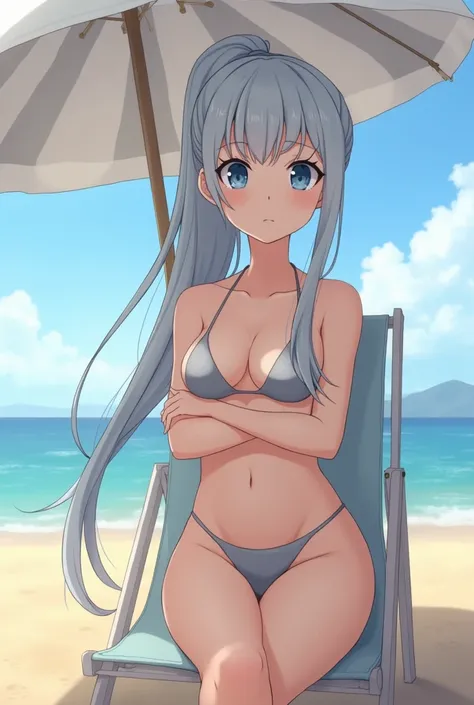 An anime-style depiction of a 16-year-old young woman in a refined shoujo art style, set in a modern isekai fantasy world. She has long, light gray hair tied in an extra-long high ponytail that cascades elegantly down her back, with soft strands framing he...