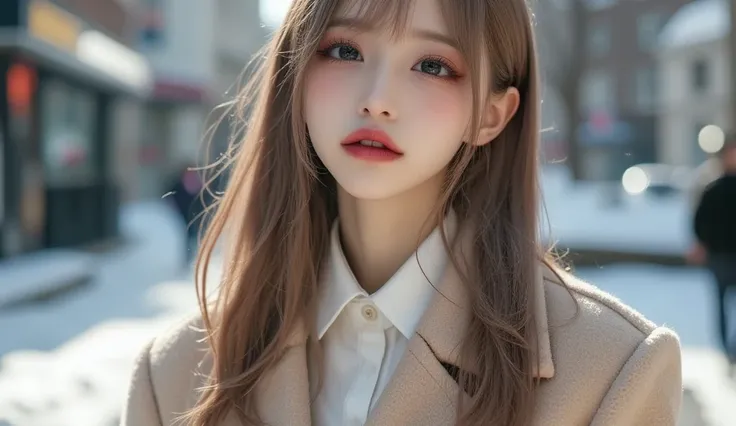 (masterpiece,  best image quality , 8k),  real photo ,Idol appearance,winter, city streets,Clear day ,adult,  perfection of fashion,  Korean Makeup, Lip Tint, full body, frontal, faint smile,Outdoor, Exquisitely Painted , Realistic,  ultra high definition,...