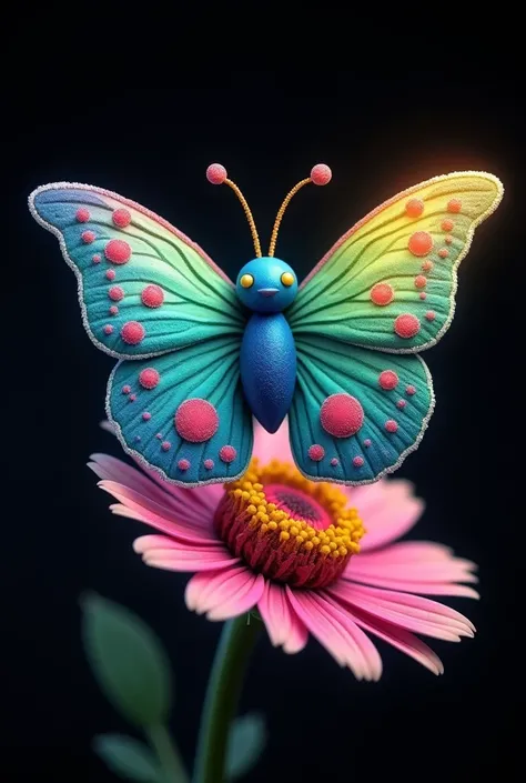 The image is a digital art piece that features a colorful butterfly perched on a pink and yellow flower. The butterfly has a blue body with red and green spots on its wings and antennae. The wings are spread out and with each section glittering with a soft...