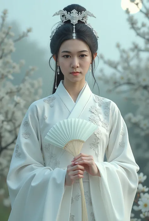 "Create a full-body portrait of the Flower Palace Master, a legendary figure from Chinese wuxia stories. She is an incredibly beautiful and commanding woman, wearing a minimalist yet regal pure white silk gown, with elegant, subtle embroidery of silver flo...