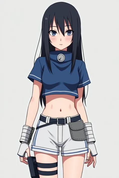  Sasuke Uchiha female with long black slightly pointed hair,  she wore white shorts and a blue shirt that left her belly exposed and had a circular high collar . A stupid boys body, she also had these white bracelets with a blue lining ,  had a ninja bag o...