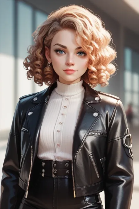 Young redheaded woman with curly hair and black leather jacket.