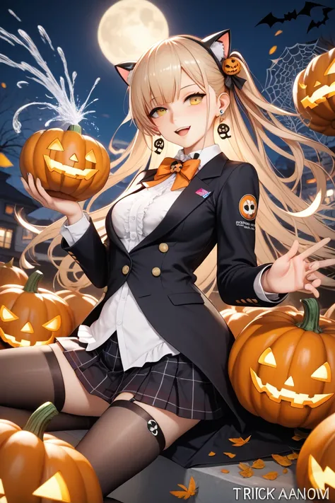 Anime girl in a black suit with a cat and a pumpkin costume, Anime style 4k , best anime 4k konachan wallpaper, Trick or treat, in a halloween style, Splash art anime, 🍂 beautiful, Anime Wallpaper 4k, Anime wallpaper 4 k, anime art wallpaper 4k, 4k anime a...