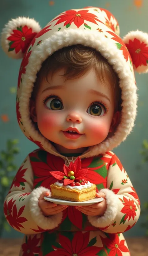 Digital art of a toddler in a poinsettia-like outfit, holding a tiny pie slice."