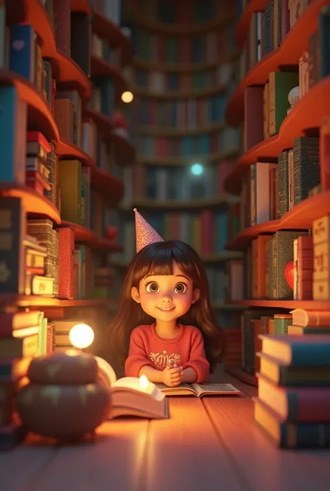 An intimate 3D scene showcasing cute girl 22th birthday in a book-filled room, seamlessly integrating “Happy Birthday Arzu” into the book spines.