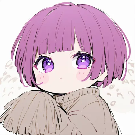 (sketch), (close), (Santa), (Pink Cheeks), (chibi),purple, (Short Bob Hair:1.4), (purple eyes), (Big Hair) , (fringe),(knit off moe sleeve), (More about Strand),  (a cute pose), (White Background),