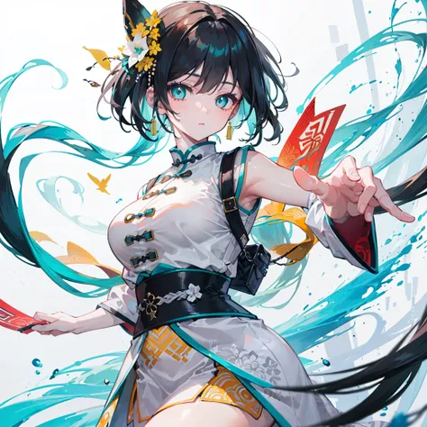 1 girl, ultra-detailed, HDR, vivid colors, (clear and beautiful eyes:1.44), black hair, grey eyes, (chinese style), teal and white clothes, martial arts style, dynamic pose, intricate details, anatomically correct, masterpiece, best quality, 4k, 8k, highre...