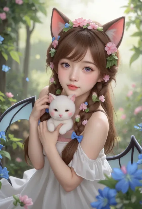 1girl, naked, animal ears, purple eyes, brown hair, wings, solo, long hair, blush, cat ears, flowers, looking at viewer, braids, bows, dresses, pink flowers, bows, hair accessories, bangs, cats, hair flower, animal ear hair, holding, virtual youtuber, blue...