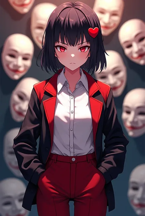 Anime, Standing, Short Black hair, Red heart hairclip, soft features, white comedy masks in background, serious face, red eyes, open red and black jacket and pants, white shirt, shoes.