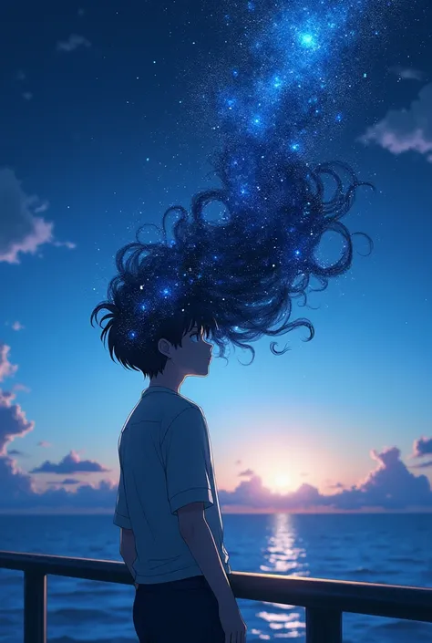 A young anime man with hair as if it were a starry night looking at the horizon backwards leaning on a metal railing  