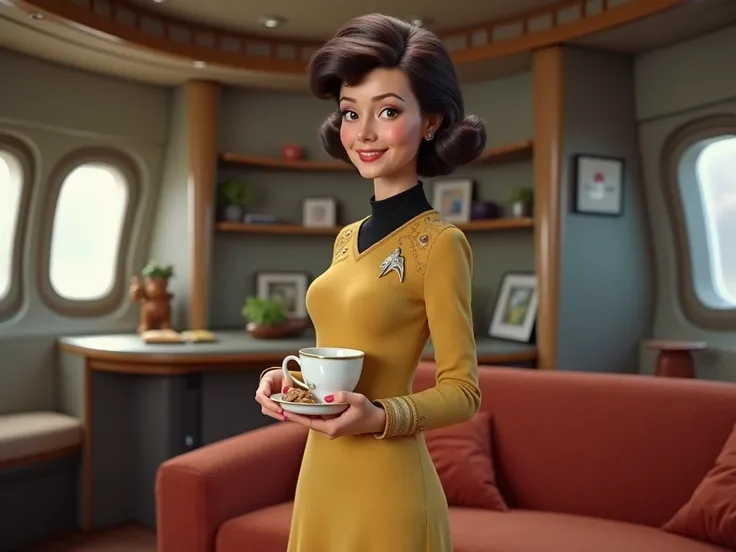 lovely 1960s star trek dress mother-in-law posing sweetly holding tea cup in classic enterprise star ship living room