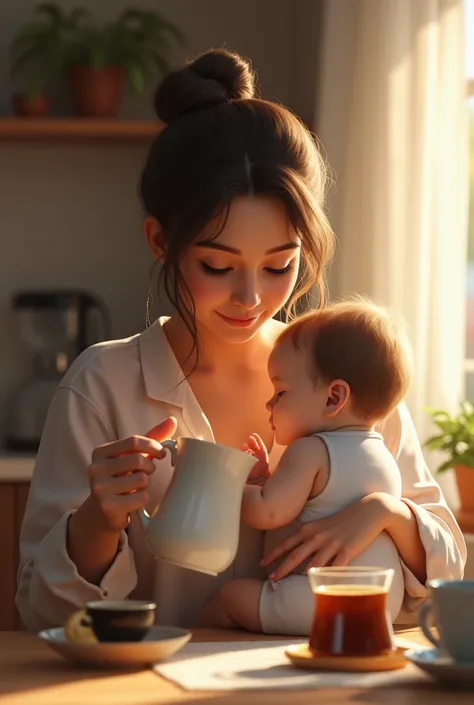 Real woman with her baby making coffee