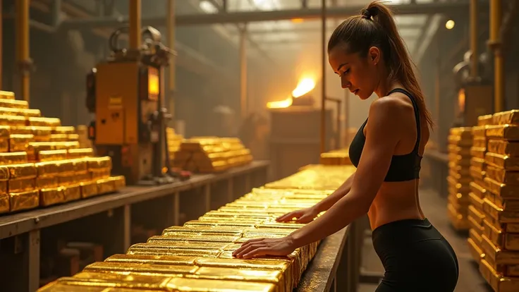 An incredibly detailed and realistic scene inside a state-of-the-art gold refinery. A stunning fitness model with a toned physique is wearing sleek leggings and a fitted sports top. She is actively loading shiny gold bars onto a conveyor belt, showcasing h...