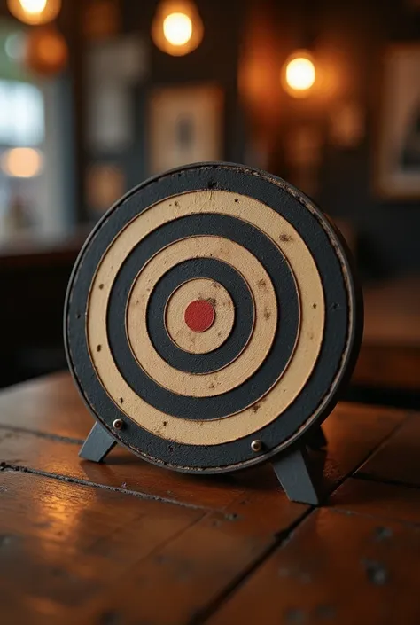 a focus shot on a dart board with table 