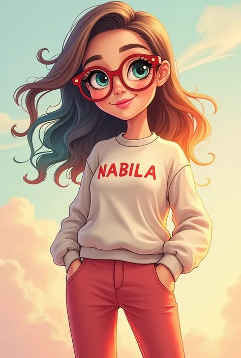 Multicolored cartoon lady, fly away, romantic nerd style, delicate and elegant glasses, sweatshirt,got on NABILAnamed on  t-shirt,hijabi,Pants, pastel shades red and kuning,  multicolored, sweet and delicate smile,  whole body, delicate eyes and multicolor...