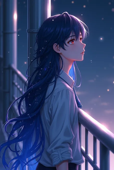 A young anime man with hair as if it were a starry night on his back leaning against a metal railing  