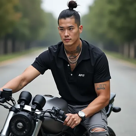  Korean handsome man  , top knot hairstyle in grey , wearing a black shirt ,as cargo ,there is a watch  , there is a tattoo of a cat with a neck , near the shirt there is the name APIT sitting on a superbike