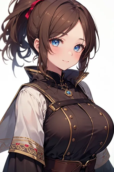 Masterpiece, ((1 girl)), ((Best Quality)), (Ultra-detailed), Highly detailed, (Portrait), ((Big breasts)), ((Ponytail Hair, Brown hair, Blue eyes)), ((19-years-old, Mature women)), ((Tan Skin, Brown skin)), ((Brown Village Medieval dress)), (Beautiful scen...