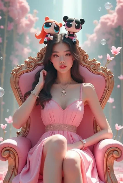 3D profile picture of a woman with a korean look wearing a casual pink dress with lanie name necklace and sitting in a throne with a bubbles backgroud and smoke effect off pink and white with blossom of powe**uff girls sitting on the shoulder