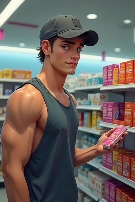 Boy 18yo, fit, realistic, string tanktop, baseball cap, on drugstore, buying condoms, printed ( XL condoms )on pack