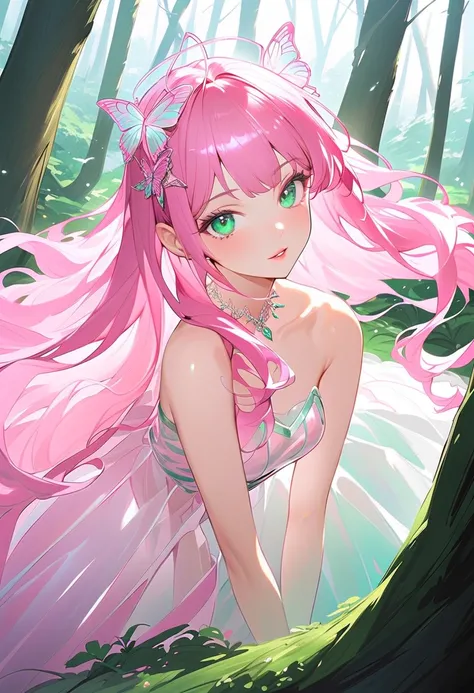 This character is a woman with a magical aura, mature and beautiful, seductive lips. She has long, shiny, bright pink hair and a butterfly-shaped glass clip accessory on her head. Her sharp green eyes shine, she has a thin body and small chest, she wears a...