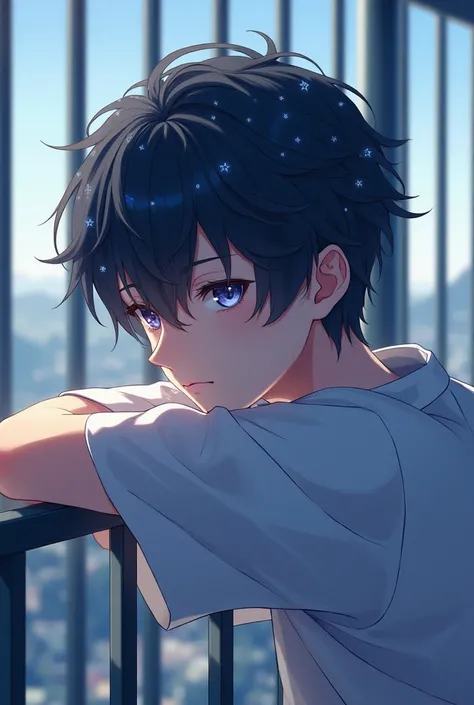 A young anime man with short hair and his hair looks like a night full of stars on his back leaning against a metal railing  