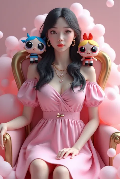 3D profile picture of a woman with a korean look wearing a casual pink dress with lanie name necklace and sitting in a throne with a bubbles backgroud and smoke effect off pink and white with blossom of powerpuff girls sitting on the shoulder