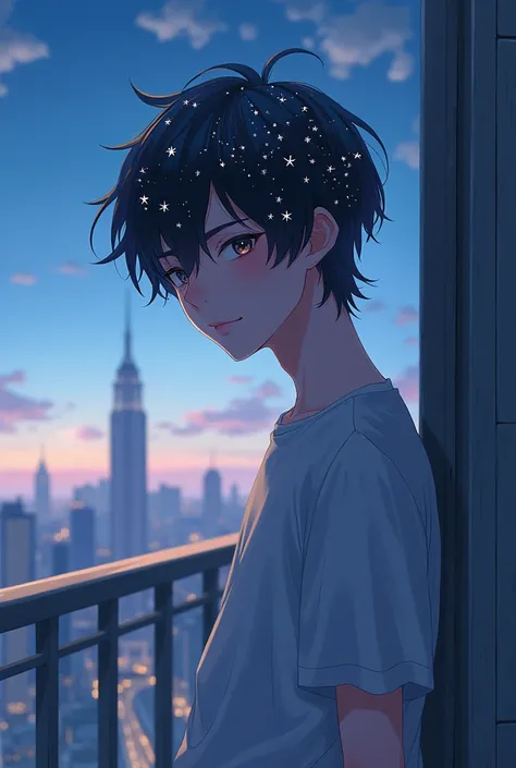 A young anime man with short hair and his hair looks like a night full of stars on his back leaning against a metal railing  