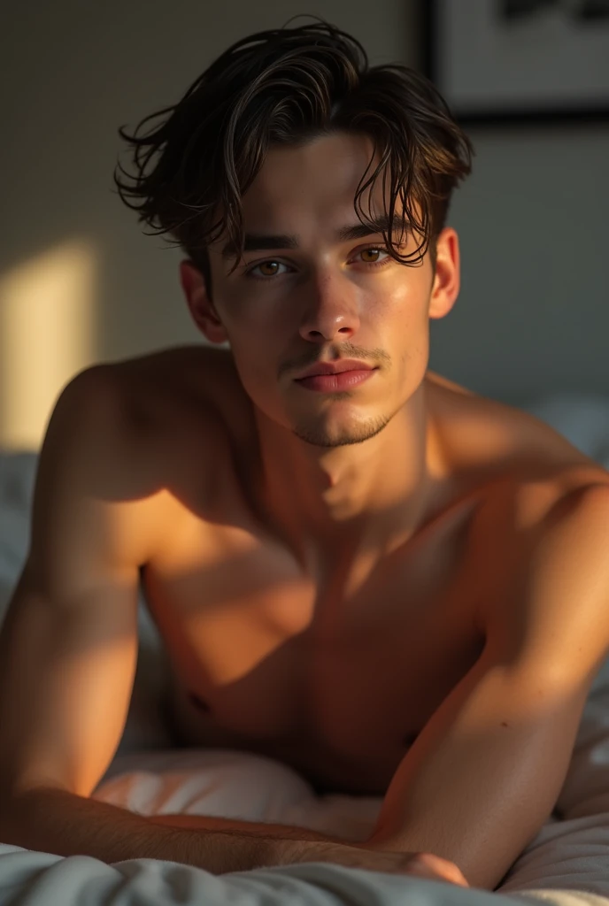 Sitting on a bed he poses sexy attractive wet hair IA 25 year old boy very handsome brown hair color and brown eyes skin neither brown nor white thick lips shirtless outfit naked pose sexy