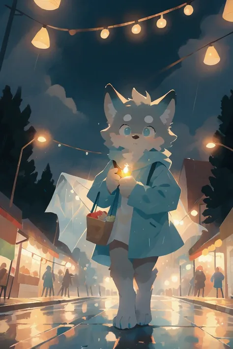 53, young anthropomorphic wolf, male, with brown fur, lighter muzzle and neck fur, teal to cyan gradient eyes, wearing a cyan or teal raincoat, holding groceries, walking across a wet road with city lights and small shops in the background, soft, cozy art ...