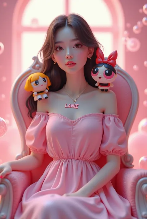 3D profile picture of a woman with a korean look wearing a casual pink dress with lanie name necklace and sitting in a throne with a bubbles backgroud and smoke effect off pink and white with blossom of powerpuff girls sitting on the shoulder