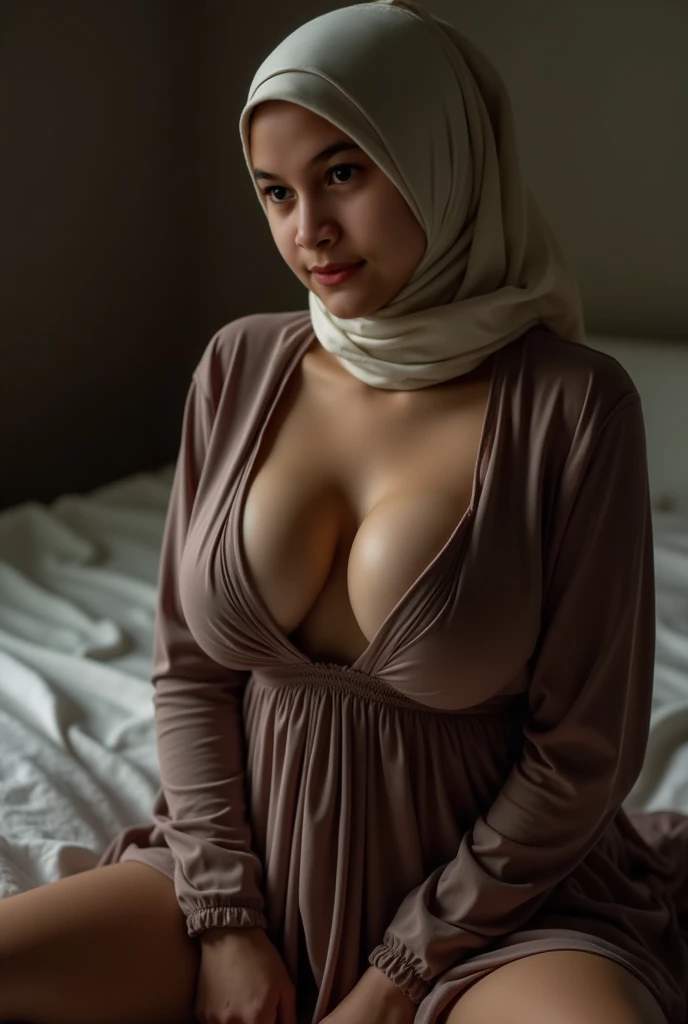 UHD, 8K Resolution, Photo of a Hot Lady Wearing a Hijab with Exposed Breasts, Dress Messed up, Sweaty Body, sitting on bed looking tired and. Milf, Large Breasts Exposed, Dim Light, Detailed Photo, Sensual, Erotic. Show her beauty booty