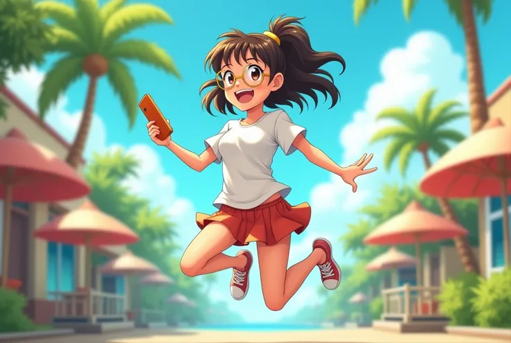 Anime girl in a white head-tight t-shirt gold round sunglasses in a mini skirt jumps outside cheerful holds the phone in her hand, in cartoon style