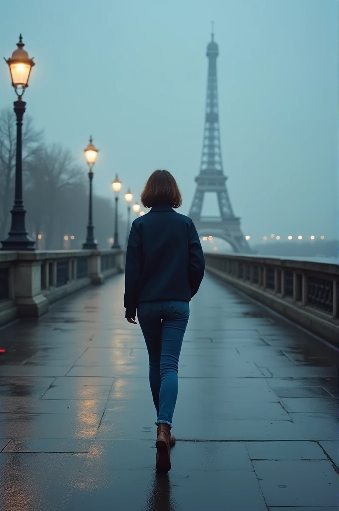 Je voudrais que tu me crée une photographie dune femme qui marche dans la rue elle est de dos on ne voit pas son visage elle a les cheveux bruns coupés au carré elle porte un jean des bottines plates et une veste bleu marine elle traverse le pont de la Sei...