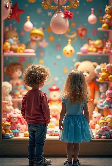 A blond boy and a blond girl with curly hair are standing in front of a toy department window and are amazed with big, shining eyes at everything in the colorfully decorated window. Dolls, teddy bears, cars, building blocks and much more. Double exposure, ...