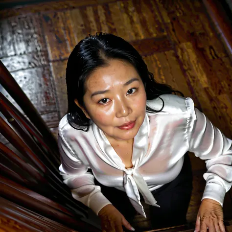 8k,  super high definition ,  realistic skin texture in the middle of a wooden staircase,  make eye contact, Looking down from above,  upper body,  Dark Room, A clumsy and plump 58-year-old Korean woman wearing a white silk satin tie-neck blouse, 